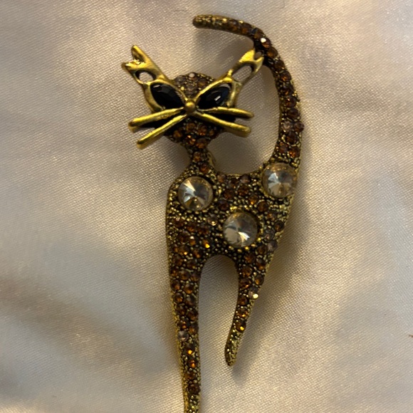 Gold and Brown Cat Brooch/Pendant with Rhinestones - Picture 3 of 5